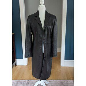 212 America Leather Long Trench Coat Women's Size Small Black Single Breasted